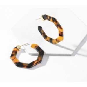Brown Medium Tortoise Shell Hexagon Hoop Earring